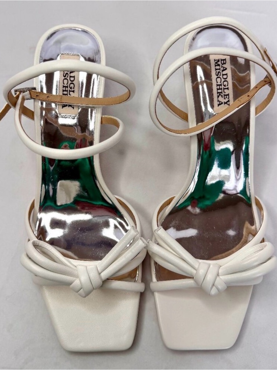 Badgley Mischka White Knot-Strap Satin Sandals